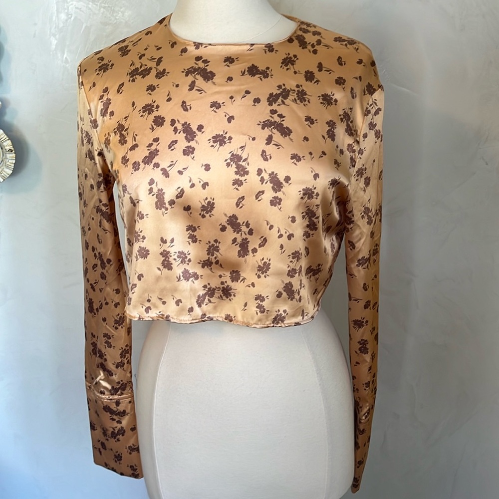 Zara Satin Fall Brown copper crop top w/floral design & long sleeves Size Small